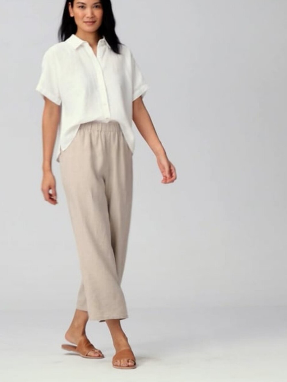 Eileen Fisher Organic Linen Wide Leg Cropped Pants Natural Elastic Waist Large